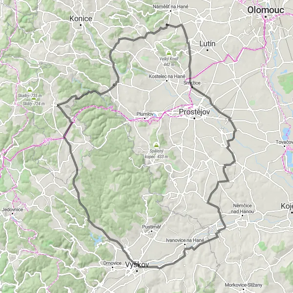 Mapa miniatúra "Okolo Drahanovic a okolných obcí" cyklistická inšpirácia v Střední Morava, Czech Republic. Vygenerované cyklistickým plánovačom trás Tarmacs.app