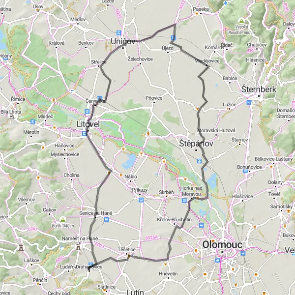 Map miniature of "Senice na Hané Scenic Route" cycling inspiration in Střední Morava, Czech Republic. Generated by Tarmacs.app cycling route planner