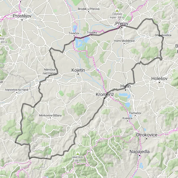 Map miniature of "Prusinovice to Nezamyslice Ride" cycling inspiration in Střední Morava, Czech Republic. Generated by Tarmacs.app cycling route planner