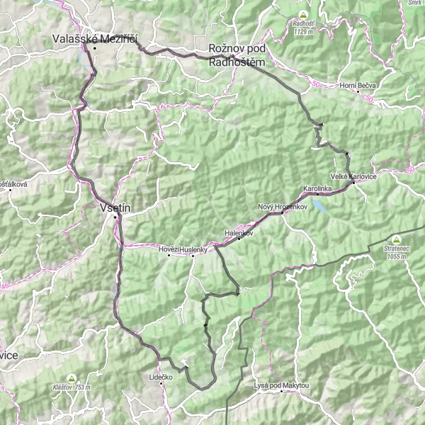 Miniatura mapy "Wyprawa do Velké Karlovice" - trasy rowerowej w Střední Morava, Czech Republic. Wygenerowane przez planer tras rowerowych Tarmacs.app