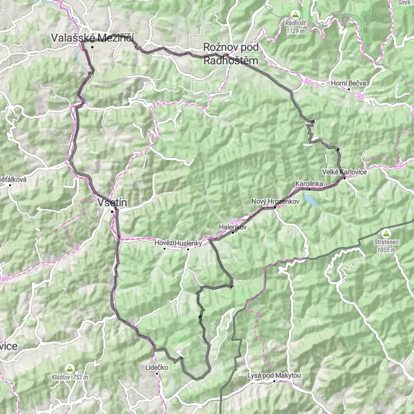 Mapa miniatúra "Cyklotrasa s výstupem 1274 metrů a délkou 109 km" cyklistická inšpirácia v Střední Morava, Czech Republic. Vygenerované cyklistickým plánovačom trás Tarmacs.app