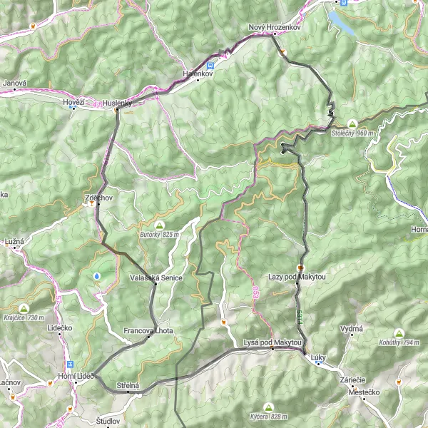 Miniaturní mapa "Okolím Nového Hrozenkova" inspirace pro cyklisty v oblasti Střední Morava, Czech Republic. Vytvořeno pomocí plánovače tras Tarmacs.app