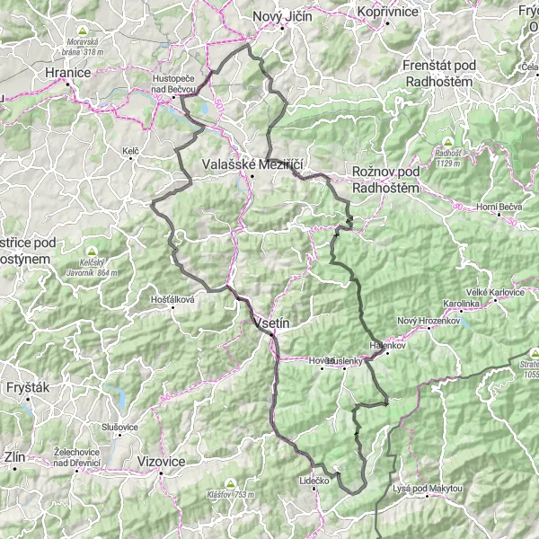 Mapa miniatúra "Cyklotrasa s výstupem 2148 metrů a délkou 130 km" cyklistická inšpirácia v Střední Morava, Czech Republic. Vygenerované cyklistickým plánovačom trás Tarmacs.app