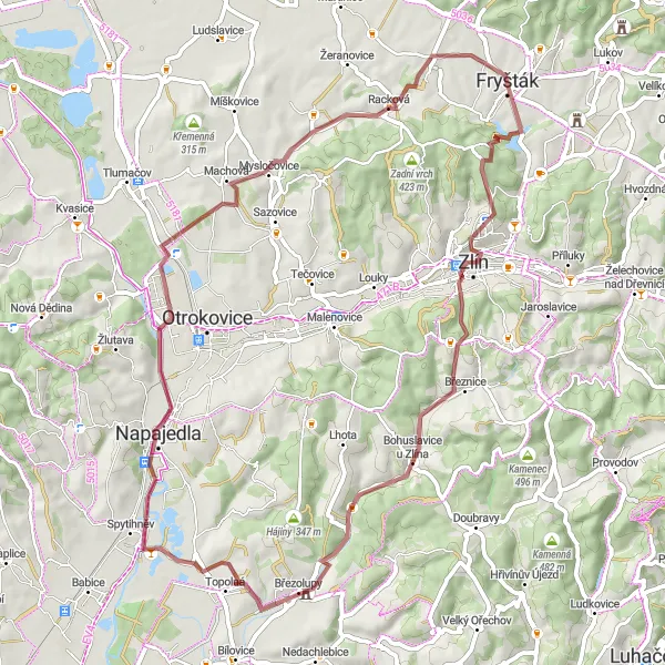 Miniaturní mapa "Gravel okruh kolem Fryštáku" inspirace pro cyklisty v oblasti Střední Morava, Czech Republic. Vytvořeno pomocí plánovače tras Tarmacs.app