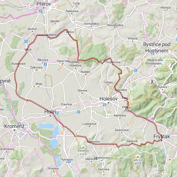 Miniaturní mapa "Gravel skrz Střední Moravu" inspirace pro cyklisty v oblasti Střední Morava, Czech Republic. Vytvořeno pomocí plánovače tras Tarmacs.app
