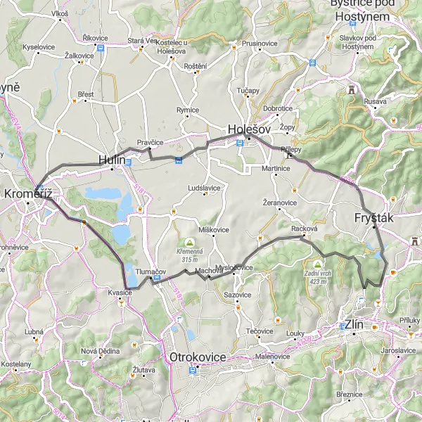 Map miniature of "Zadní Vrch and Všetuly Loop" cycling inspiration in Střední Morava, Czech Republic. Generated by Tarmacs.app cycling route planner