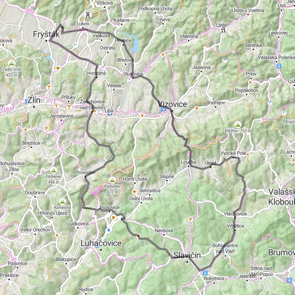 Miniaturní mapa "Road route to Padělky and Slušovice" inspirace pro cyklisty v oblasti Střední Morava, Czech Republic. Vytvořeno pomocí plánovače tras Tarmacs.app