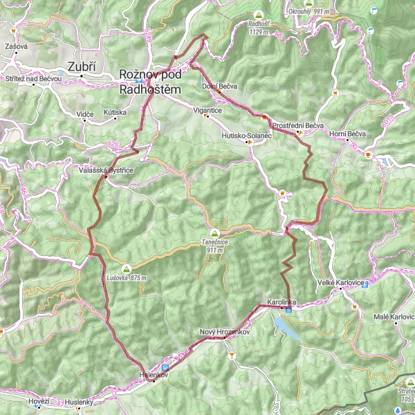 Karten-Miniaturansicht der Radinspiration "Abenteuerliche Schottertour in Střední Morava" in Střední Morava, Czech Republic. Erstellt vom Tarmacs.app-Routenplaner für Radtouren