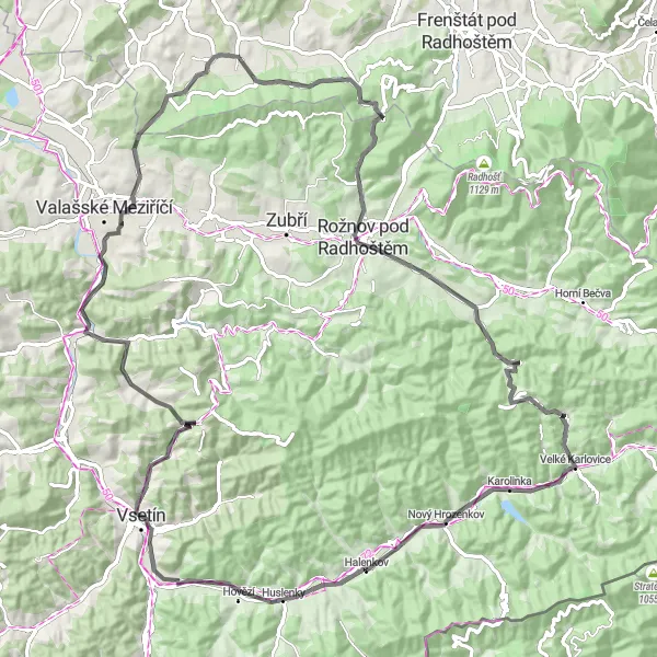 Miniaturní mapa "Cestování po silnici kolem Mořkova a Vigantic" inspirace pro cyklisty v oblasti Střední Morava, Czech Republic. Vytvořeno pomocí plánovače tras Tarmacs.app