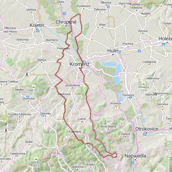 Mapa miniatúra "Gravelová trasá do Kostelan" cyklistická inšpirácia v Střední Morava, Czech Republic. Vygenerované cyklistickým plánovačom trás Tarmacs.app