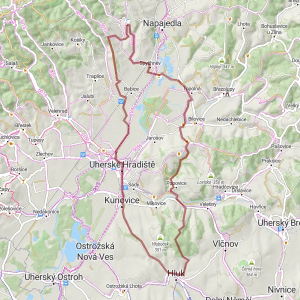 Mapa miniatúra "Gravelová trasa cez Mistřice a Hradskú" cyklistická inšpirácia v Střední Morava, Czech Republic. Vygenerované cyklistickým plánovačom trás Tarmacs.app