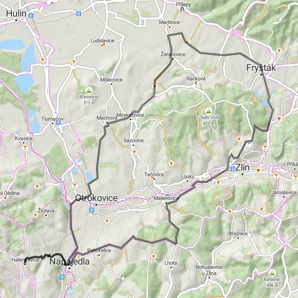 Map miniature of "The Road Heritage" cycling inspiration in Střední Morava, Czech Republic. Generated by Tarmacs.app cycling route planner