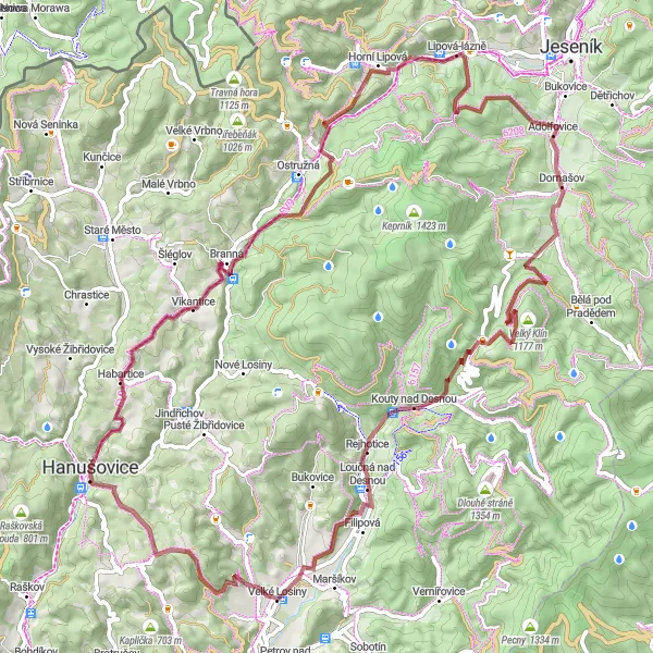 Map miniature of "Hanušovice to Ramzovské Sedlo Gravel Ride" cycling inspiration in Střední Morava, Czech Republic. Generated by Tarmacs.app cycling route planner