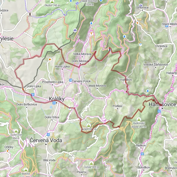 Miniaturní mapa "Okruh kolem Hanušovic - Lysina a dalšími zajímavými místy" inspirace pro cyklisty v oblasti Střední Morava, Czech Republic. Vytvořeno pomocí plánovače tras Tarmacs.app