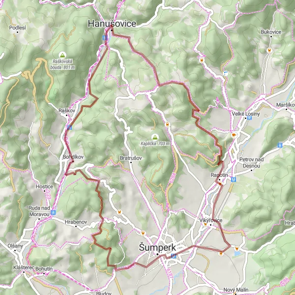 Miniaturní mapa "Gravelový okruh kolem Hanušovic - Strážník a Ptačí vrch" inspirace pro cyklisty v oblasti Střední Morava, Czech Republic. Vytvořeno pomocí plánovače tras Tarmacs.app