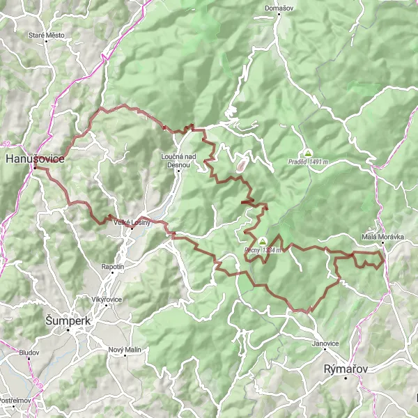 Map miniature of "Hanušovický vrch to Hynčice nad Moravou Epic Gravel Route" cycling inspiration in Střední Morava, Czech Republic. Generated by Tarmacs.app cycling route planner