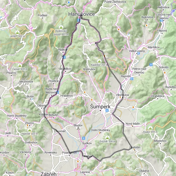 Miniaturní mapa "Okruh kolem Hanušovic" inspirace pro cyklisty v oblasti Střední Morava, Czech Republic. Vytvořeno pomocí plánovače tras Tarmacs.app