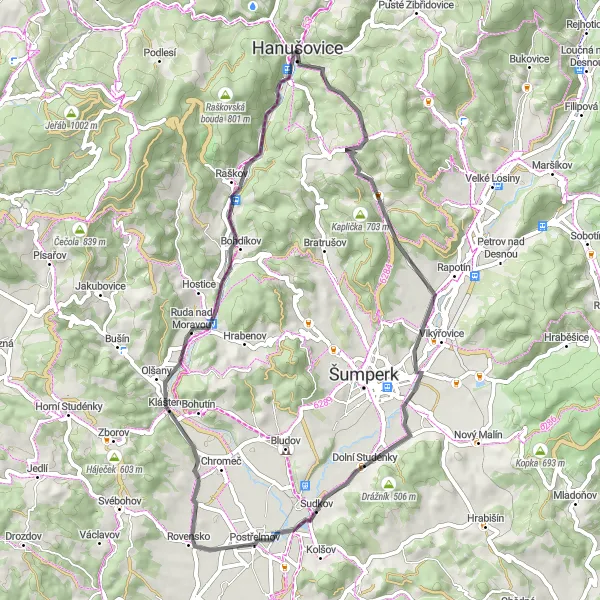 Miniaturní mapa "Road Trip kolem Hanušovic" inspirace pro cyklisty v oblasti Střední Morava, Czech Republic. Vytvořeno pomocí plánovače tras Tarmacs.app