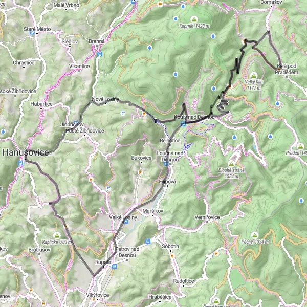Miniaturní mapa "Podél Hanušovického vrchu do Nových Losin" inspirace pro cyklisty v oblasti Střední Morava, Czech Republic. Vytvořeno pomocí plánovače tras Tarmacs.app