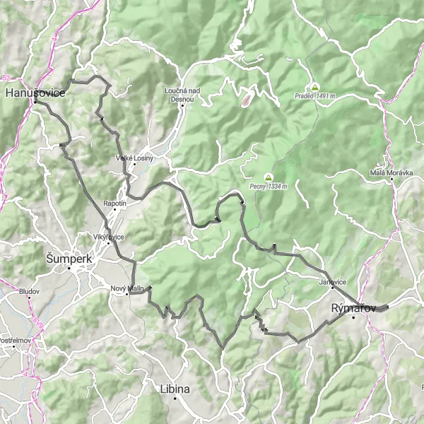 Mapa miniatúra "Energetická trasa s náročnými úsekmi a nádhernými výhľadmi" cyklistická inšpirácia v Střední Morava, Czech Republic. Vygenerované cyklistickým plánovačom trás Tarmacs.app