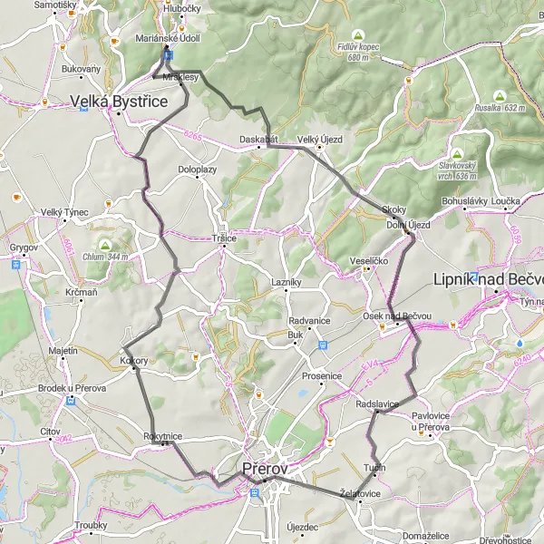 Mapa miniatúra "Trasa cez Staměřice, Radslavice, Dluhonice, Vacanovice a Přáslavice" cyklistická inšpirácia v Střední Morava, Czech Republic. Vygenerované cyklistickým plánovačom trás Tarmacs.app