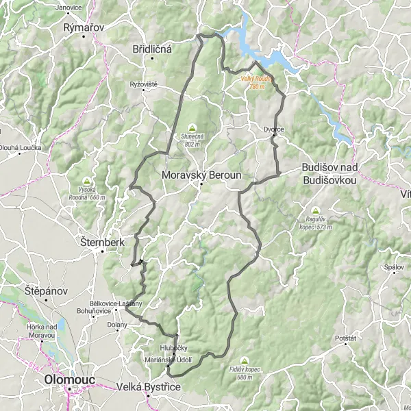 Miniaturní mapa "Okružní cyklotrasa z Hluboček" inspirace pro cyklisty v oblasti Střední Morava, Czech Republic. Vytvořeno pomocí plánovače tras Tarmacs.app