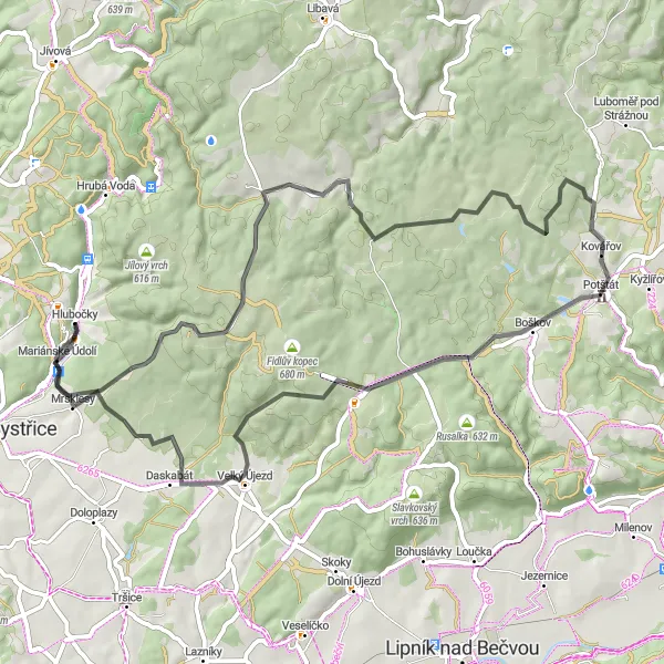 Map miniature of "Olomoucký Kopec Challenge" cycling inspiration in Střední Morava, Czech Republic. Generated by Tarmacs.app cycling route planner