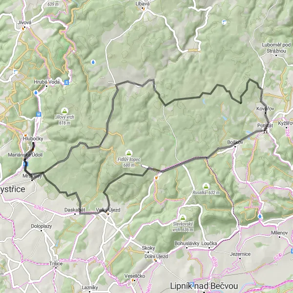 Mapa miniatúra "Trasa cez Olomoucký kopec, Popelný kout, Kovářov, Zelený kříž, Velký Újezd a Mrsklesy" cyklistická inšpirácia v Střední Morava, Czech Republic. Vygenerované cyklistickým plánovačom trás Tarmacs.app