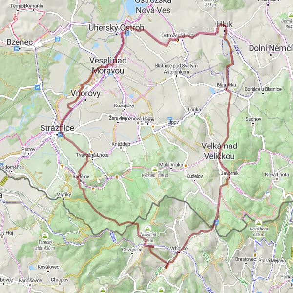 Miniaturní mapa "Okruh Vrbovce" inspirace pro cyklisty v oblasti Střední Morava, Czech Republic. Vytvořeno pomocí plánovače tras Tarmacs.app