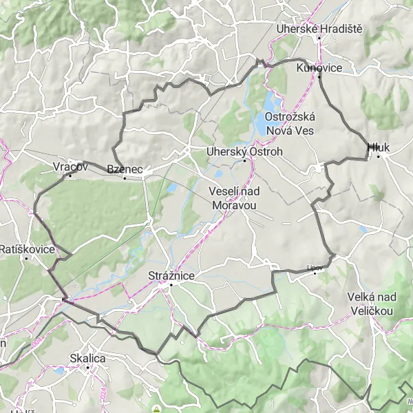 Miniaturní mapa "Cyklotour kolem Ostrožské Lhoty a Kunovic" inspirace pro cyklisty v oblasti Střední Morava, Czech Republic. Vytvořeno pomocí plánovače tras Tarmacs.app