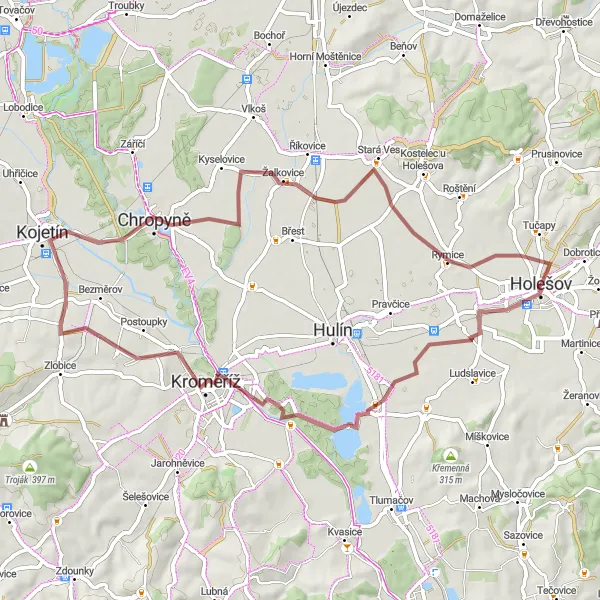 Mapa miniatúra "Gravel okolo Kroměříže" cyklistická inšpirácia v Střední Morava, Czech Republic. Vygenerované cyklistickým plánovačom trás Tarmacs.app