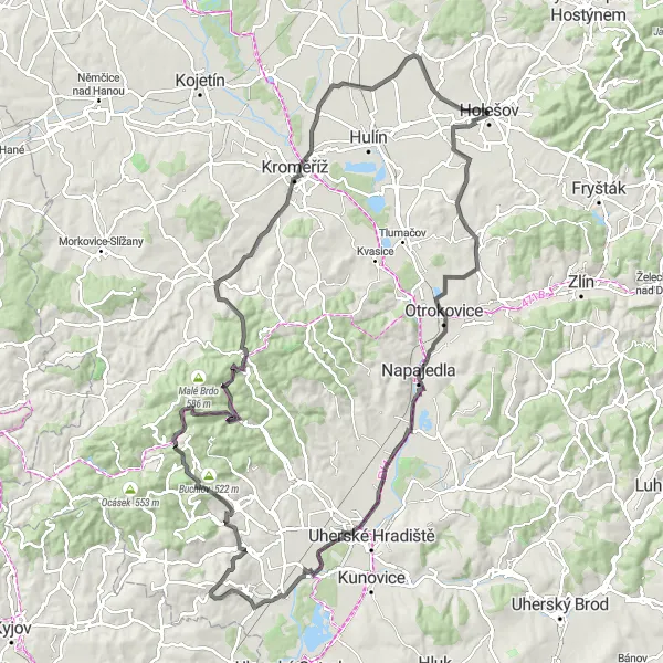 Miniaturní mapa "Moravian Heights Road Challenge" inspirace pro cyklisty v oblasti Střední Morava, Czech Republic. Vytvořeno pomocí plánovače tras Tarmacs.app
