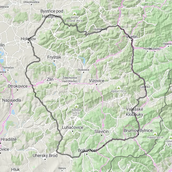 Mapa miniatúra "Holešov - Lužná - Holešov" cyklistická inšpirácia v Střední Morava, Czech Republic. Vygenerované cyklistickým plánovačom trás Tarmacs.app