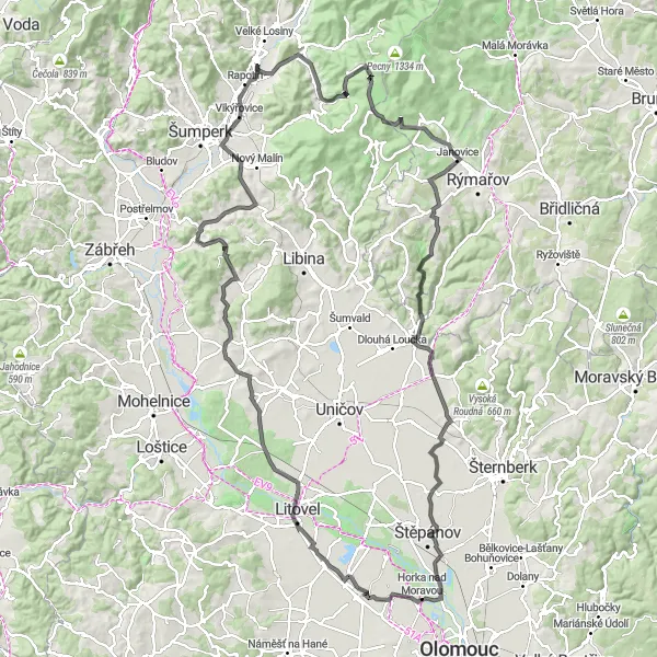 Miniaturní mapa "Road Cycling Adventure near Horka nad Moravou" inspirace pro cyklisty v oblasti Střední Morava, Czech Republic. Vytvořeno pomocí plánovače tras Tarmacs.app