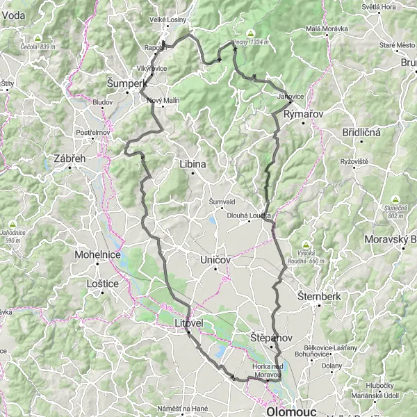 Map miniature of "Moravian Countryside" cycling inspiration in Střední Morava, Czech Republic. Generated by Tarmacs.app cycling route planner