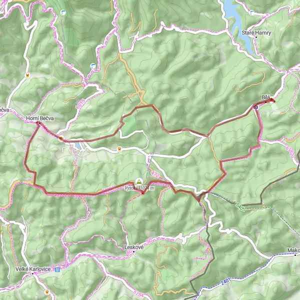 Miniaturní mapa "Gravel cyklotrasa Horní Bečva - Bílá" inspirace pro cyklisty v oblasti Střední Morava, Czech Republic. Vytvořeno pomocí plánovače tras Tarmacs.app