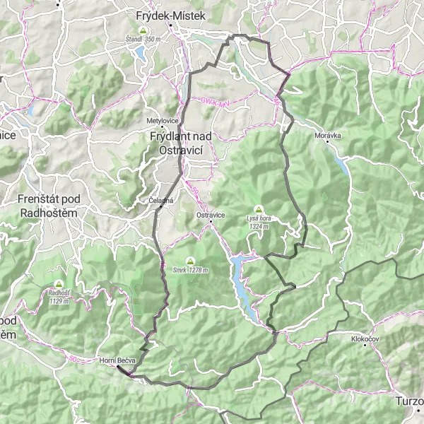 Miniaturní mapa "Road cyklotrasa Moravskoslezské Beskydy" inspirace pro cyklisty v oblasti Střední Morava, Czech Republic. Vytvořeno pomocí plánovače tras Tarmacs.app