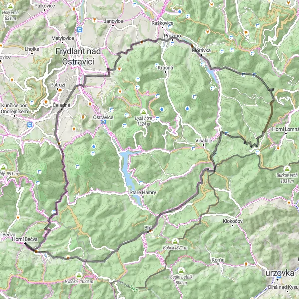 Map miniature of "Beskydy Grand Circuit" cycling inspiration in Střední Morava, Czech Republic. Generated by Tarmacs.app cycling route planner