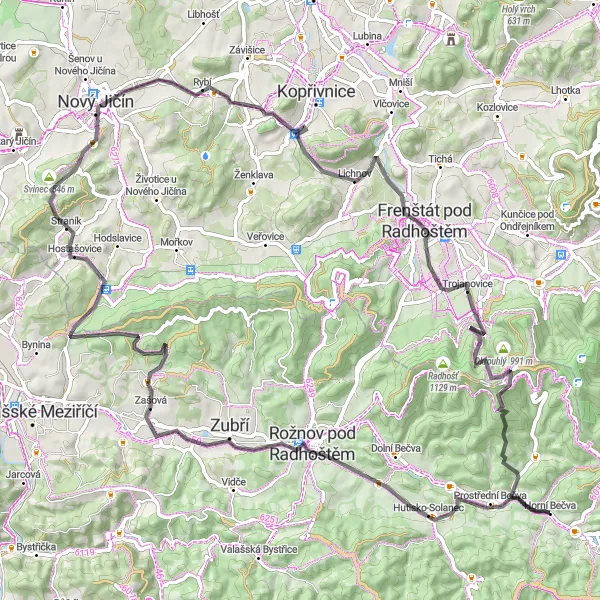 Map miniature of "Valaška Valley Ride" cycling inspiration in Střední Morava, Czech Republic. Generated by Tarmacs.app cycling route planner