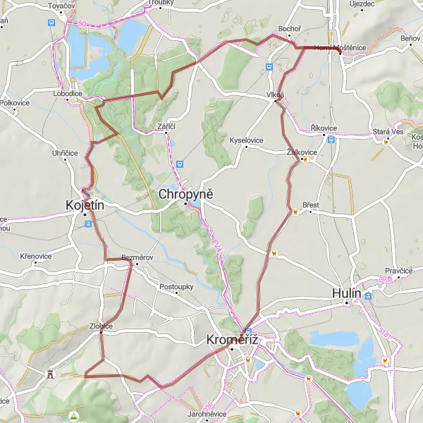 Miniaturní mapa "Gravelový okruh kolem Kroměříže" inspirace pro cyklisty v oblasti Střední Morava, Czech Republic. Vytvořeno pomocí plánovače tras Tarmacs.app