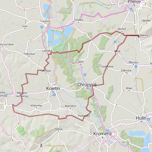 Miniatura mapy "Szlak gravelowy przez Postoupky i Lobodice" - trasy rowerowej w Střední Morava, Czech Republic. Wygenerowane przez planer tras rowerowych Tarmacs.app