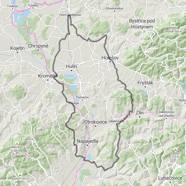 Miniaturní mapa "Okruh kolem Horní Moštěnice" inspirace pro cyklisty v oblasti Střední Morava, Czech Republic. Vytvořeno pomocí plánovače tras Tarmacs.app