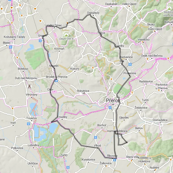 Miniatura mapy "Rajd do Tršic" - trasy rowerowej w Střední Morava, Czech Republic. Wygenerowane przez planer tras rowerowych Tarmacs.app