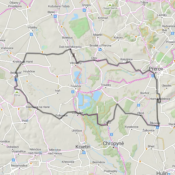 Miniaturní mapa "Horní Moštěnice - Klenovice na Hané" inspirace pro cyklisty v oblasti Střední Morava, Czech Republic. Vytvořeno pomocí plánovače tras Tarmacs.app