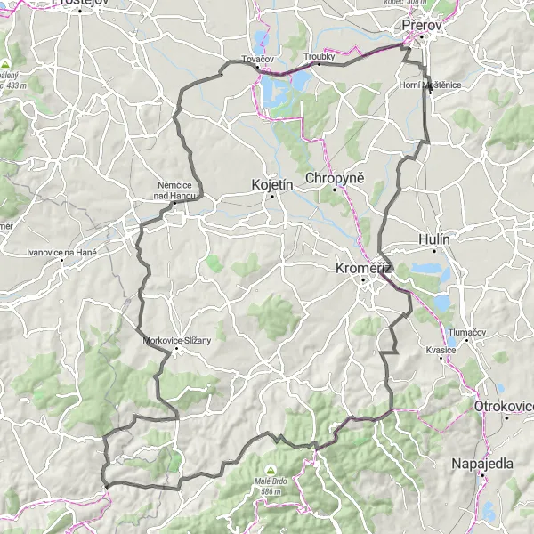 Miniatura mapy "Szlak szosowy przez Žalkovice i Klenovice na Hané" - trasy rowerowej w Střední Morava, Czech Republic. Wygenerowane przez planer tras rowerowych Tarmacs.app
