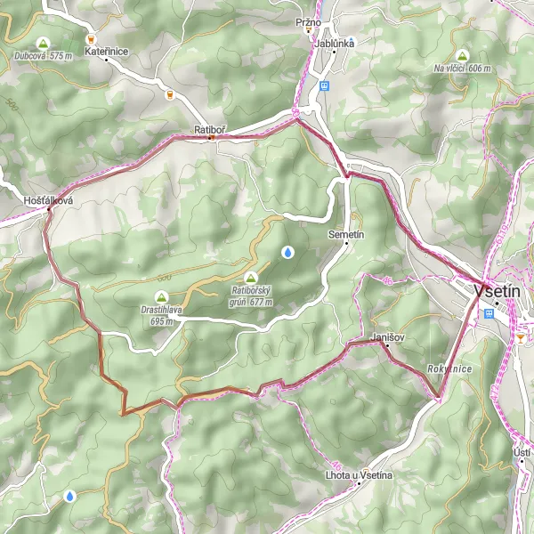 Mapa miniatúra "Krátky gravelový okruh s historickými zaujímavosťami" cyklistická inšpirácia v Střední Morava, Czech Republic. Vygenerované cyklistickým plánovačom trás Tarmacs.app