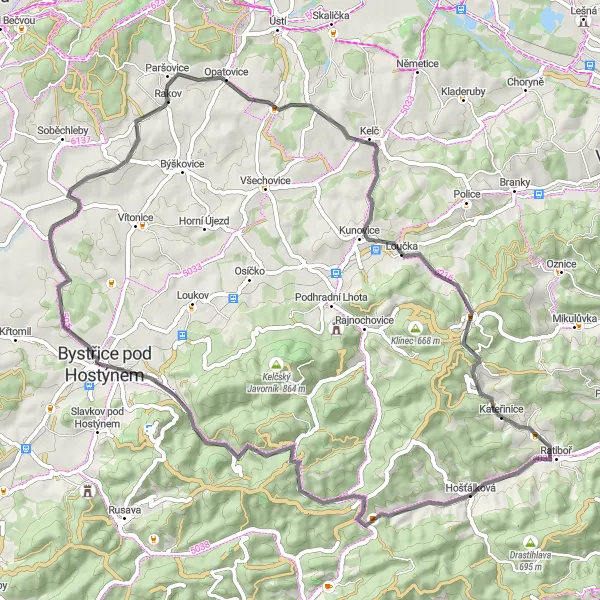 Mapa miniatúra "Po stopách Lázy a Hošťálkovej" cyklistická inšpirácia v Střední Morava, Czech Republic. Vygenerované cyklistickým plánovačom trás Tarmacs.app