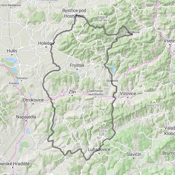 Map miniature of "Road Cycling Adventure" cycling inspiration in Střední Morava, Czech Republic. Generated by Tarmacs.app cycling route planner