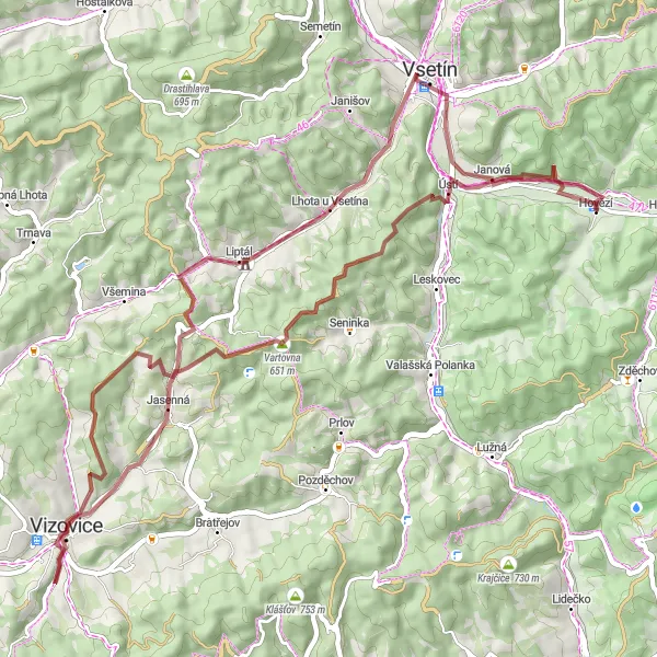 Miniatura mapy "Trasa gravelowa z Lhota u Vsetína do Hovězí" - trasy rowerowej w Střední Morava, Czech Republic. Wygenerowane przez planer tras rowerowych Tarmacs.app