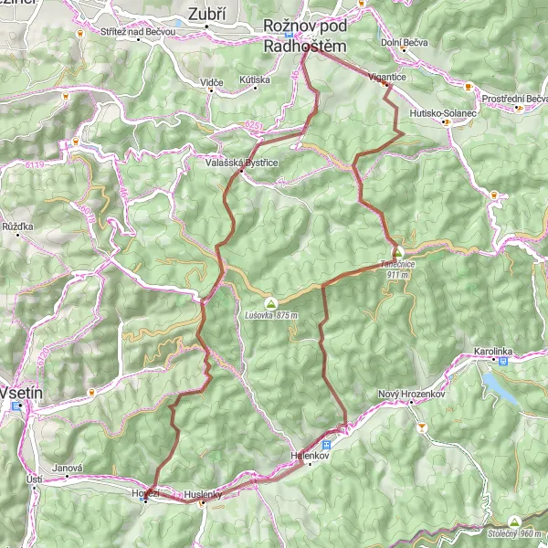 Map miniature of "Huslenky - Vigantice - Cáb Gravel Adventure" cycling inspiration in Střední Morava, Czech Republic. Generated by Tarmacs.app cycling route planner